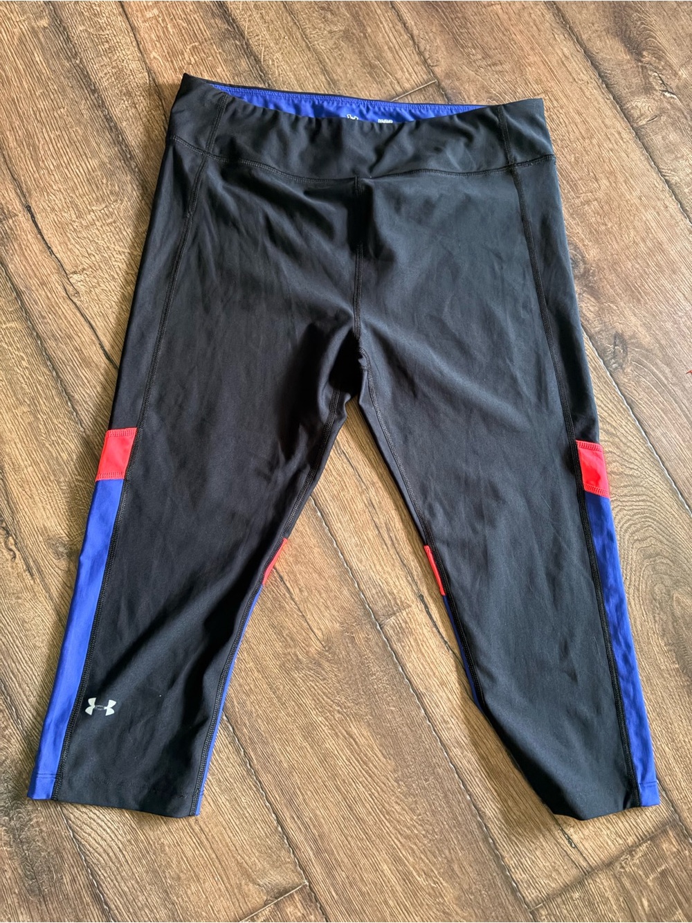 Under Armour Black Capri Leggings with Blue and Red Accents